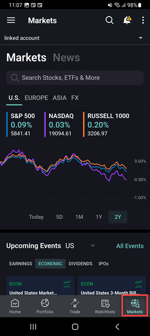 The markets homepage on the Android Phone. 